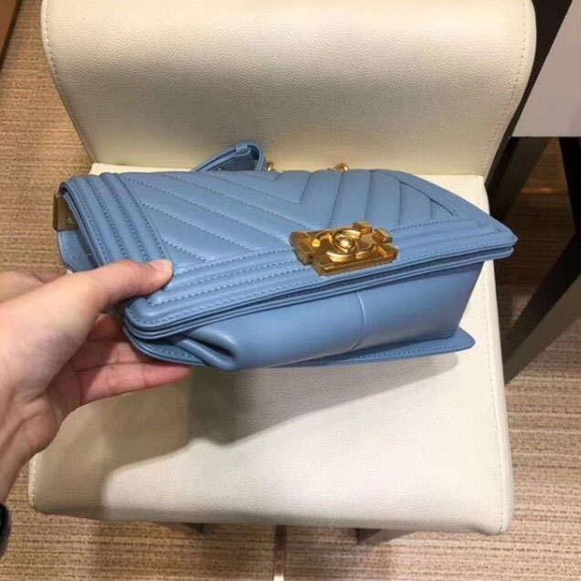 Chanel Medium Lambskin Chevron Boy Flap Shoulder Bag Denim Blue with Gold Hardware 2018