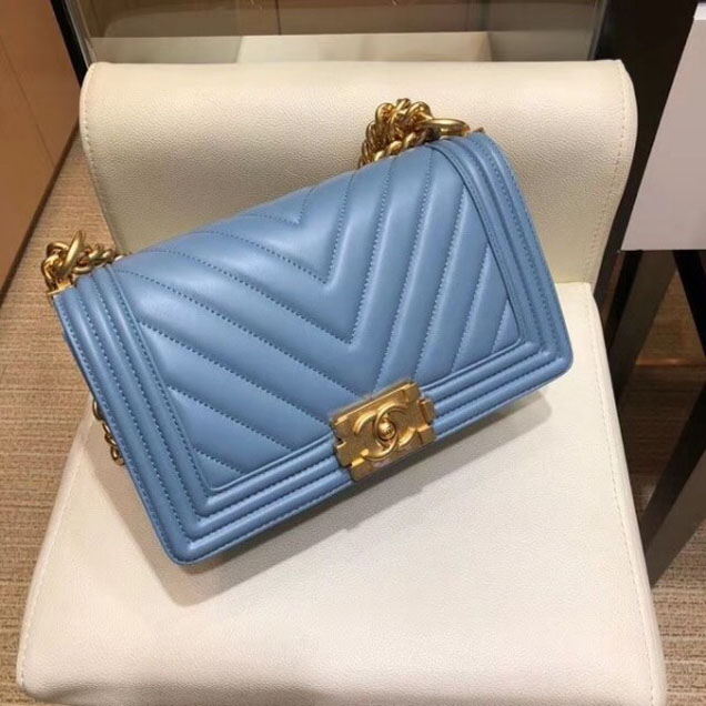 Chanel Medium Lambskin Chevron Boy Flap Shoulder Bag Denim Blue with Gold Hardware 2018