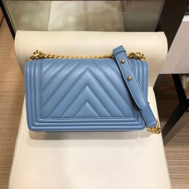 Chanel Medium Lambskin Chevron Boy Flap Shoulder Bag Denim Blue with Gold Hardware 2018