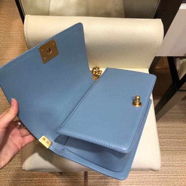 Chanel Medium Lambskin Chevron Boy Flap Shoulder Bag Denim Blue with Gold Hardware 2018