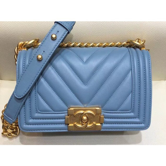Chanel Small Lambskin Chevron Boy Flap Shoulder Bag Denim Blue with Gold Hardware 2018