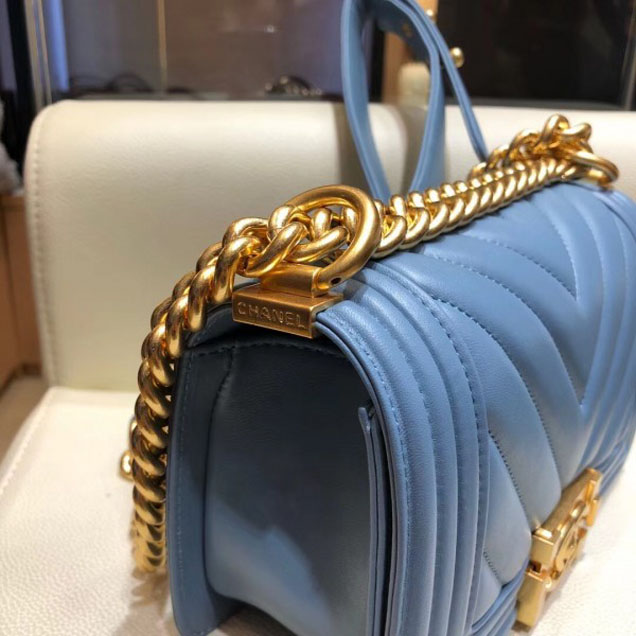 Chanel Small Lambskin Chevron Boy Flap Shoulder Bag Denim Blue with Gold Hardware 2018