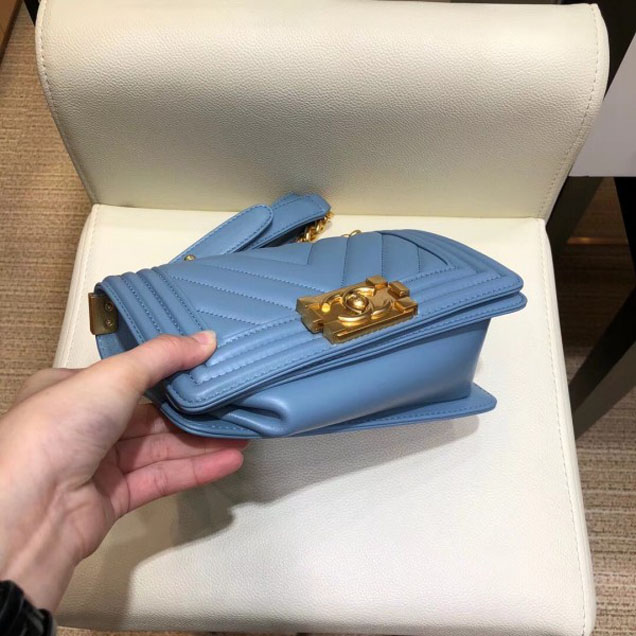 Chanel Small Lambskin Chevron Boy Flap Shoulder Bag Denim Blue with Gold Hardware 2018