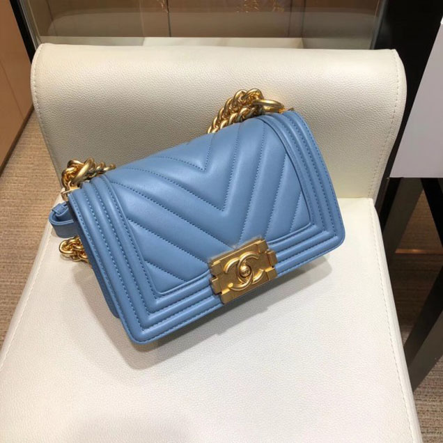 Chanel Small Lambskin Chevron Boy Flap Shoulder Bag Denim Blue with Gold Hardware 2018