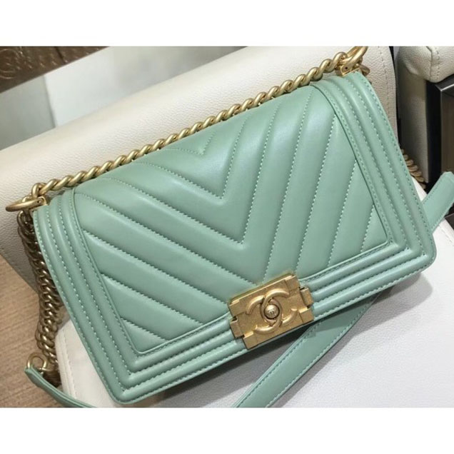 Chanel Medium Lambskin Chevron Boy Flap Shoulder Bag Light Green with Gold Hardware 2018