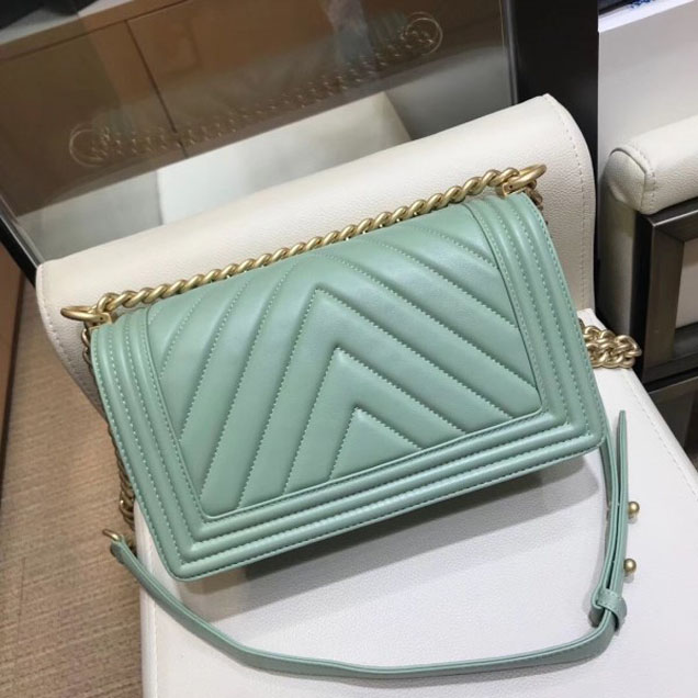 Chanel Medium Lambskin Chevron Boy Flap Shoulder Bag Light Green with Gold Hardware 2018