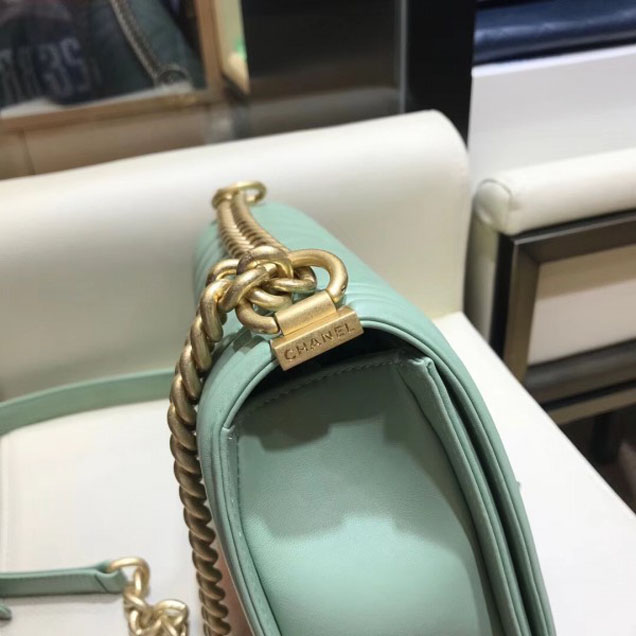 Chanel Medium Lambskin Chevron Boy Flap Shoulder Bag Light Green with Gold Hardware 2018