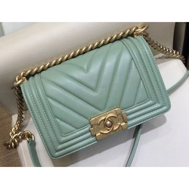 Chanel Small Lambskin Chevron Boy Flap Shoulder Bag Light Green with Gold Hardware 2018