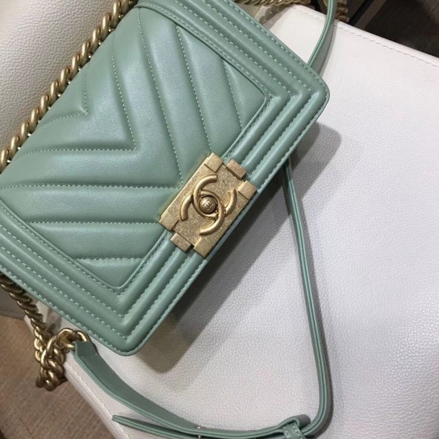 Chanel Small Lambskin Chevron Boy Flap Shoulder Bag Light Green with Gold Hardware 2018