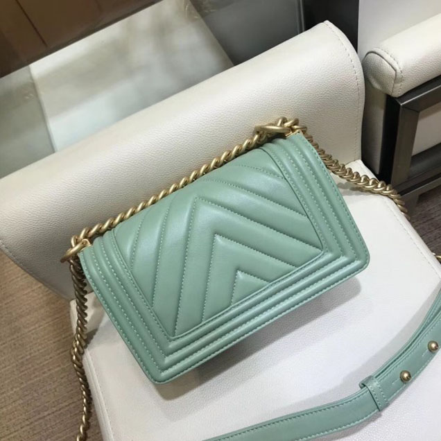 Chanel Small Lambskin Chevron Boy Flap Shoulder Bag Light Green with Gold Hardware 2018