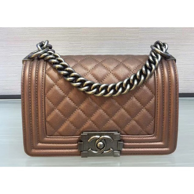 Chanel Small Boy Flap Shoulder Bag in Original Caviar Leather Bronze with Silver Hardware