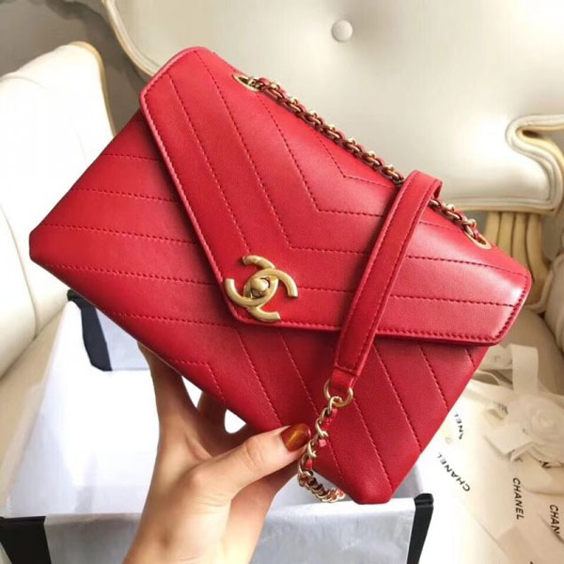 Chanel Chevron Chic Lambskin Gold-tone Metal Small Flap Bag A57431 Red 2018