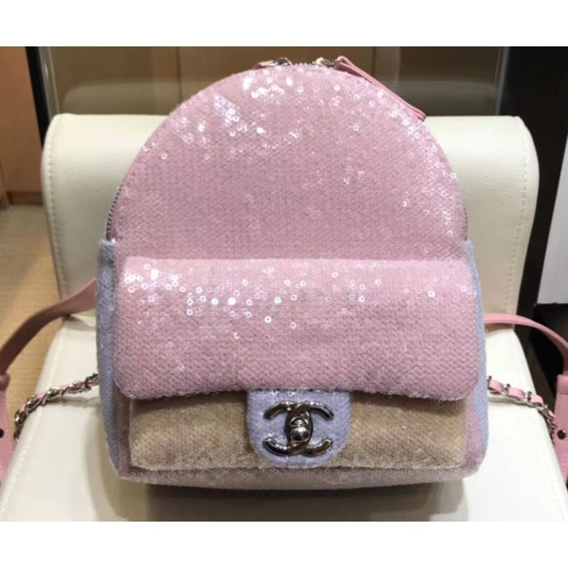 Chanel Sequins Flap Mini Backpack Bag A57418 Pink 2018