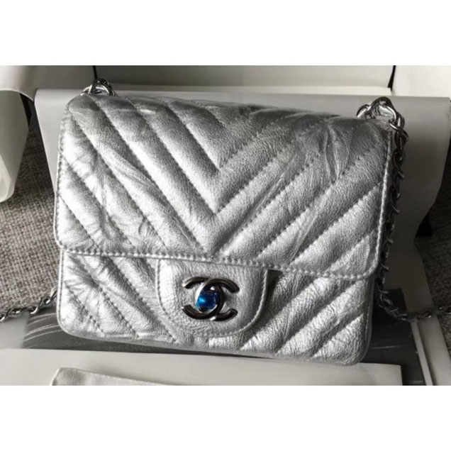 Chanel Crumpled Calfskin Chevron Classic Flap Mini Bag Silver 2018