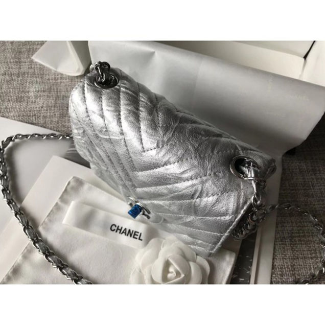 Chanel Crumpled Calfskin Chevron Classic Flap Mini Bag Silver 2018