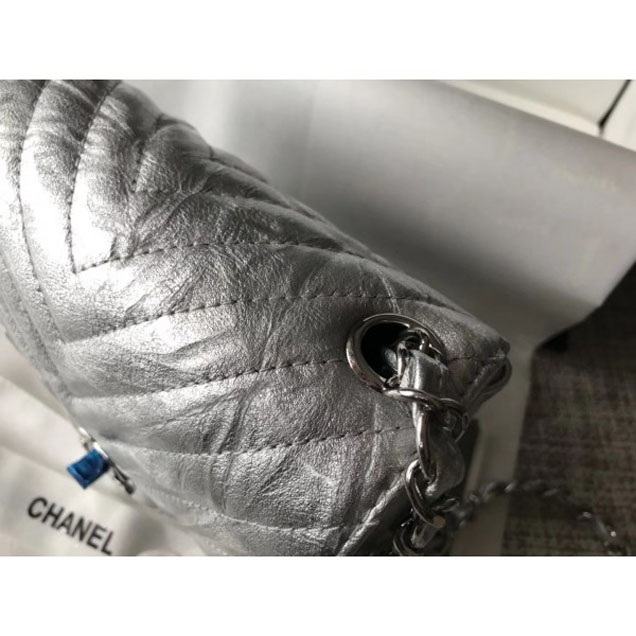 Chanel Crumpled Calfskin Chevron Classic Flap Mini Bag Silver 2018