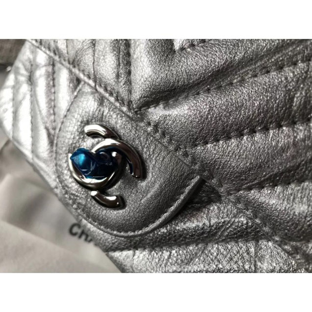 Chanel Crumpled Calfskin Chevron Classic Flap Mini Bag Silver 2018