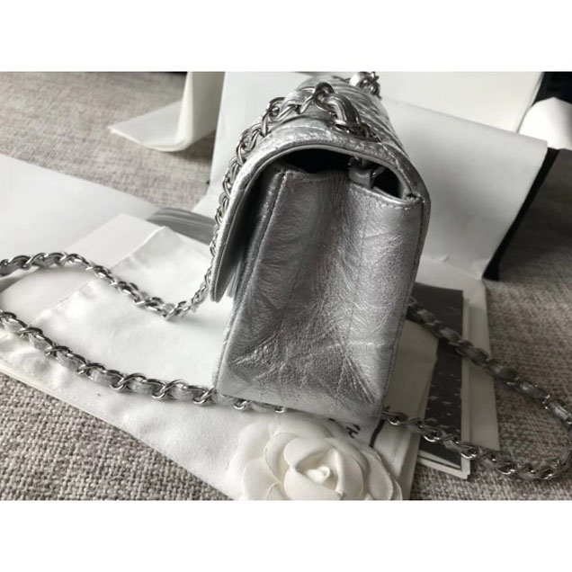 Chanel Crumpled Calfskin Chevron Classic Flap Mini Bag Silver 2018