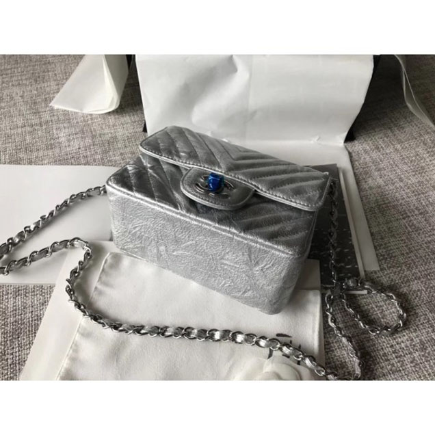 Chanel Crumpled Calfskin Chevron Classic Flap Mini Bag Silver 2018