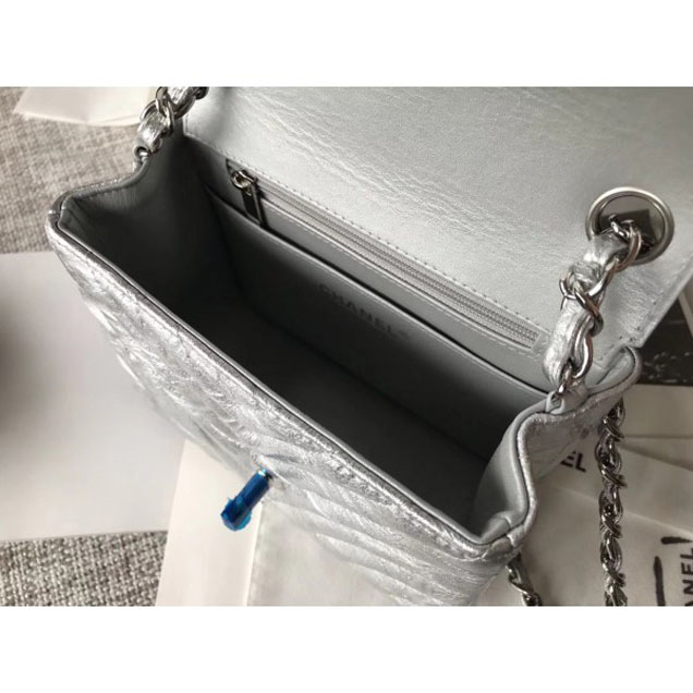 Chanel Crumpled Calfskin Chevron Classic Flap Mini Bag Silver 2018