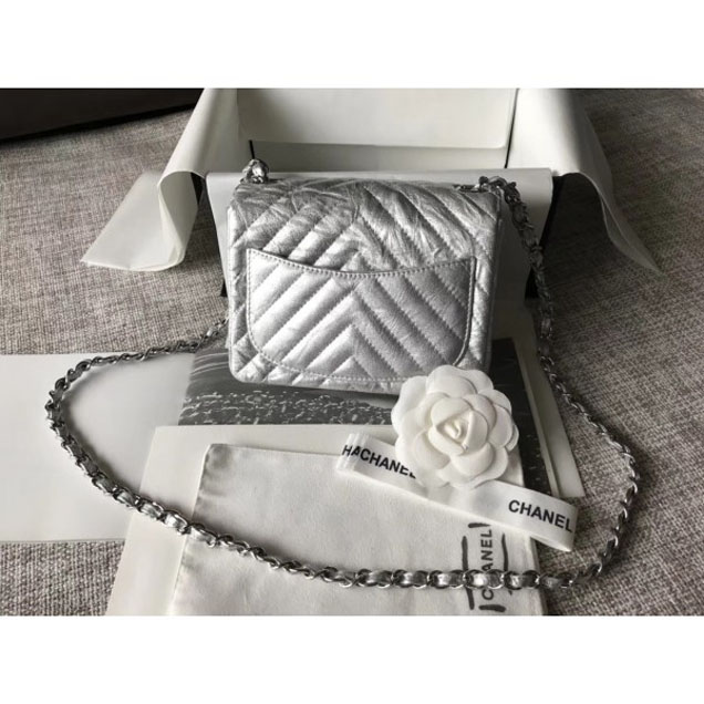 Chanel Crumpled Calfskin Chevron Classic Flap Mini Bag Silver 2018