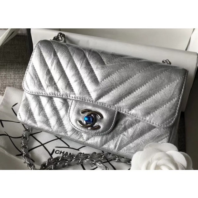 Chanel Crumpled Calfskin Chevron Classic Flap Small Bag Silver 2018