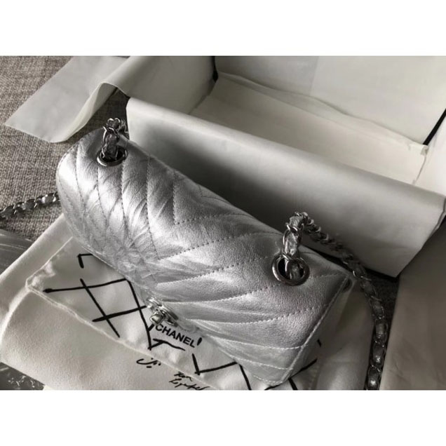 Chanel Crumpled Calfskin Chevron Classic Flap Small Bag Silver 2018