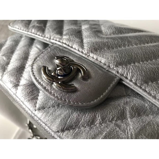 Chanel Crumpled Calfskin Chevron Classic Flap Small Bag Silver 2018