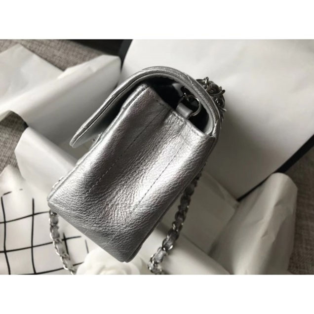 Chanel Crumpled Calfskin Chevron Classic Flap Small Bag Silver 2018
