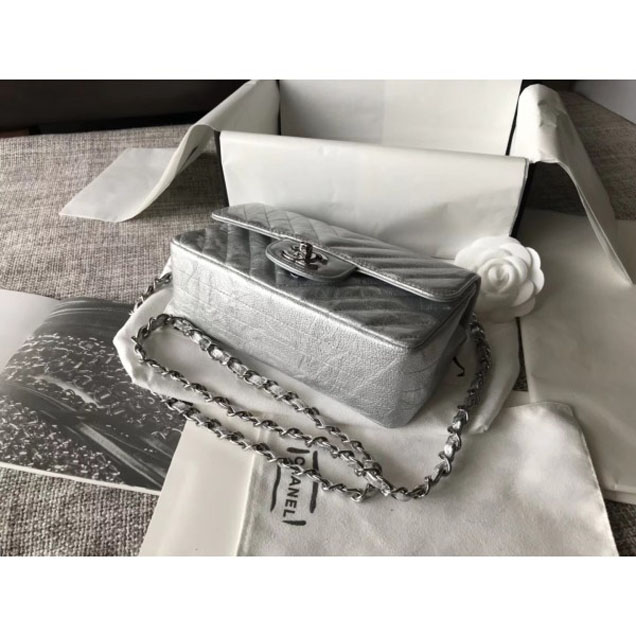 Chanel Crumpled Calfskin Chevron Classic Flap Small Bag Silver 2018
