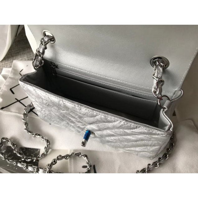 Chanel Crumpled Calfskin Chevron Classic Flap Small Bag Silver 2018