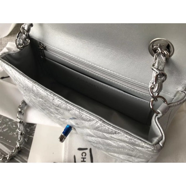 Chanel Crumpled Calfskin Chevron Classic Flap Small Bag Silver 2018