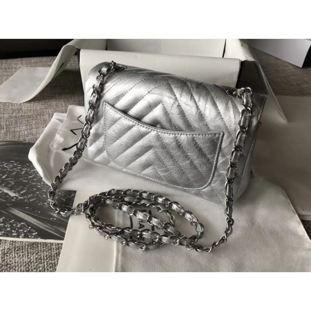 Chanel Crumpled Calfskin Chevron Classic Flap Small Bag Silver 2018