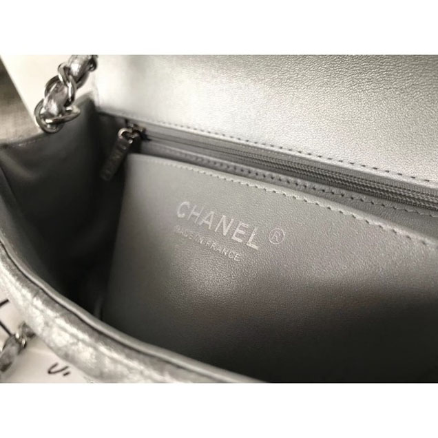 Chanel Crumpled Calfskin Chevron Classic Flap Small Bag Silver 2018