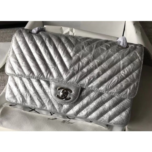 Chanel Crumpled Calfskin Chevron Classic Flap Medium Bag Silver 2018