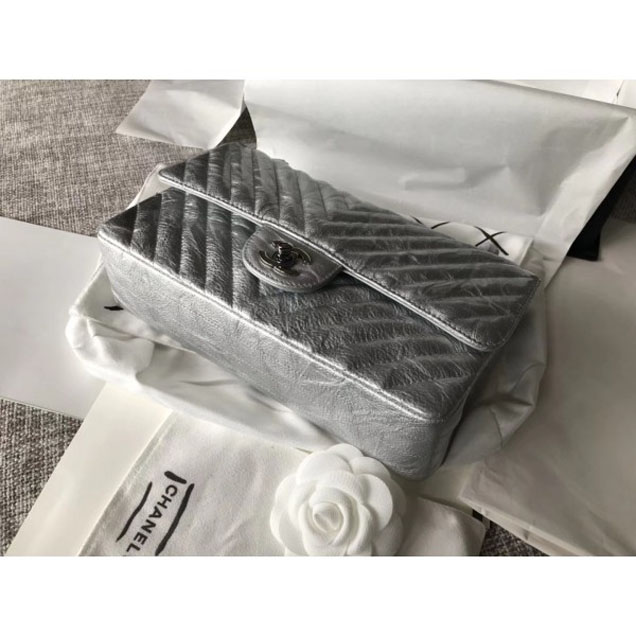 Chanel Crumpled Calfskin Chevron Classic Flap Medium Bag Silver 2018