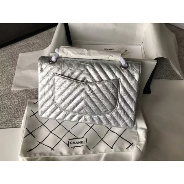 Chanel Crumpled Calfskin Chevron Classic Flap Medium Bag Silver 2018