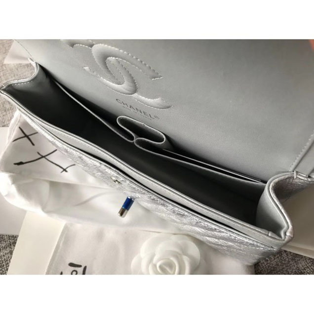 Chanel Crumpled Calfskin Chevron Classic Flap Medium Bag Silver 2018