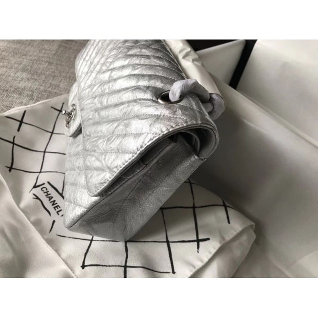 Chanel Crumpled Calfskin Chevron Classic Flap Medium Bag Silver 2018
