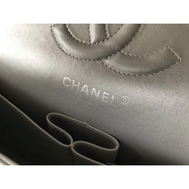 Chanel Crumpled Calfskin Chevron Classic Flap Medium Bag Silver 2018