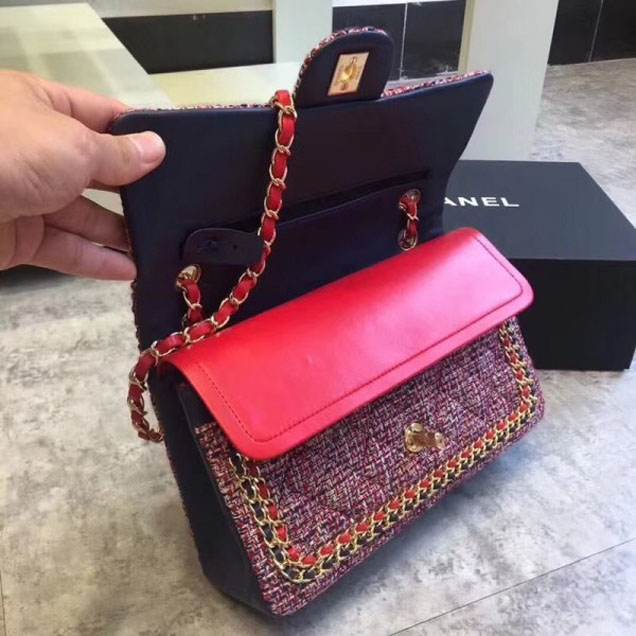 Chanel Chain Around Tweed Classic Flap Bag A1112 Red/Royal Blue 2018
