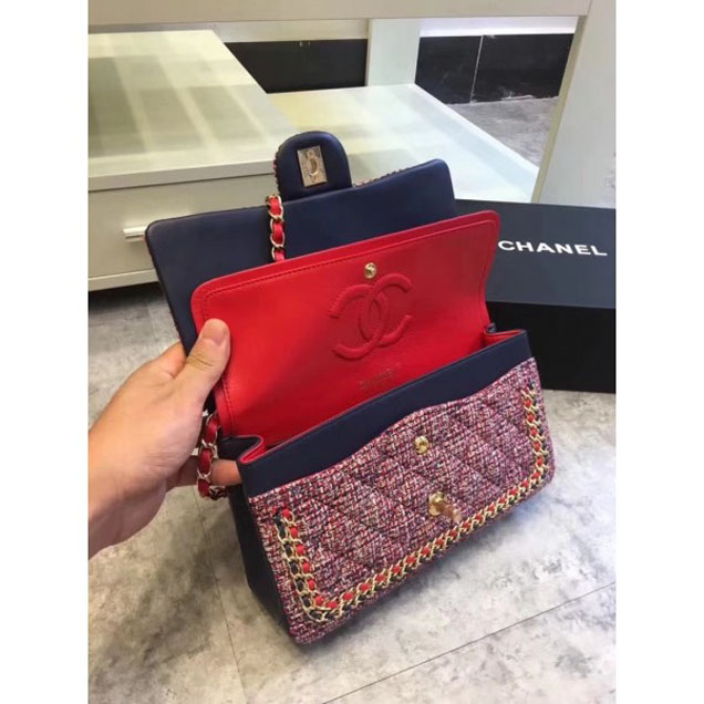 Chanel Chain Around Tweed Classic Flap Bag A1112 Red/Royal Blue 2018