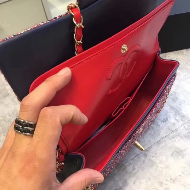 Chanel Chain Around Tweed Classic Flap Bag A1112 Red/Royal Blue 2018