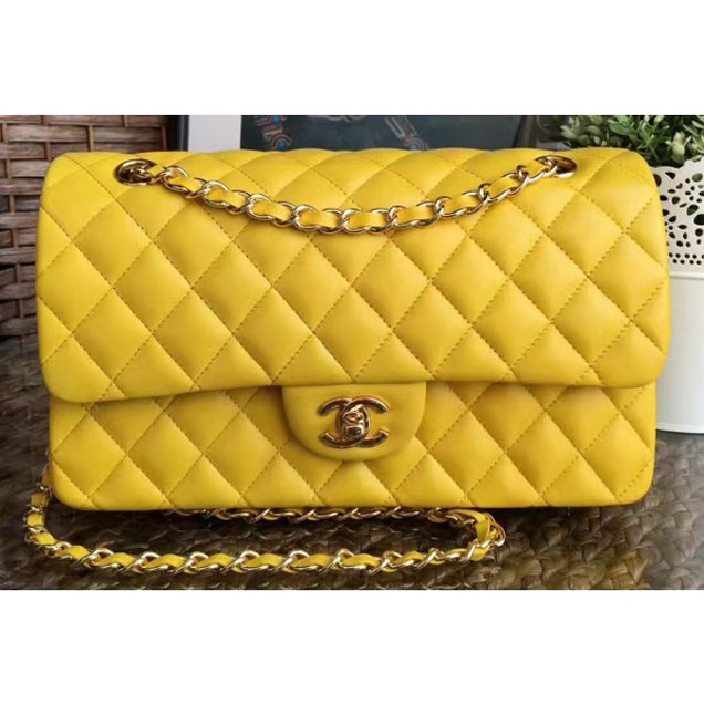 Chanel Classic Flap Medium Bag A1112 Yellow in Sheepskin Leather with Gold Hardware