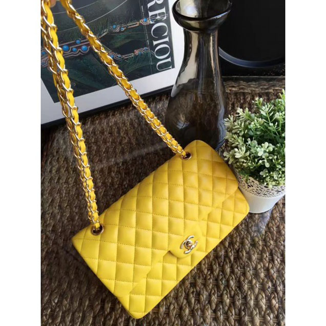 Chanel Classic Flap Medium Bag A1112 Yellow in Sheepskin Leather with Gold Hardware