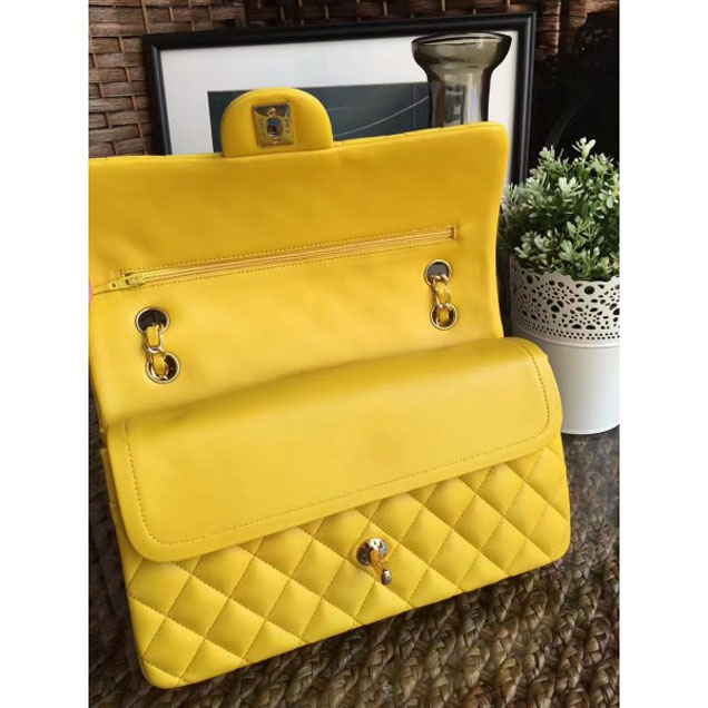 Chanel Classic Flap Medium Bag A1112 Yellow in Sheepskin Leather with Gold Hardware