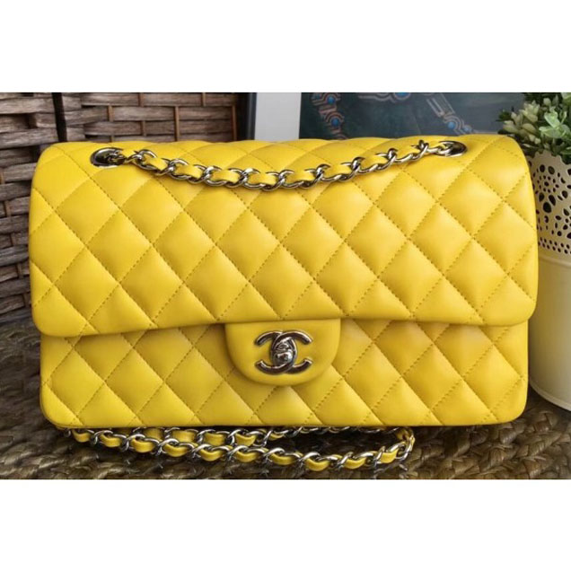 Chanel Classic Flap Medium Bag A1112 Yellow in Sheepskin Leather with Silver Hardware