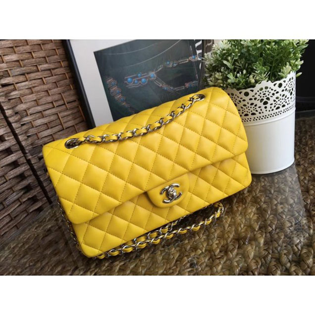 Chanel Classic Flap Medium Bag A1112 Yellow in Sheepskin Leather with Silver Hardware