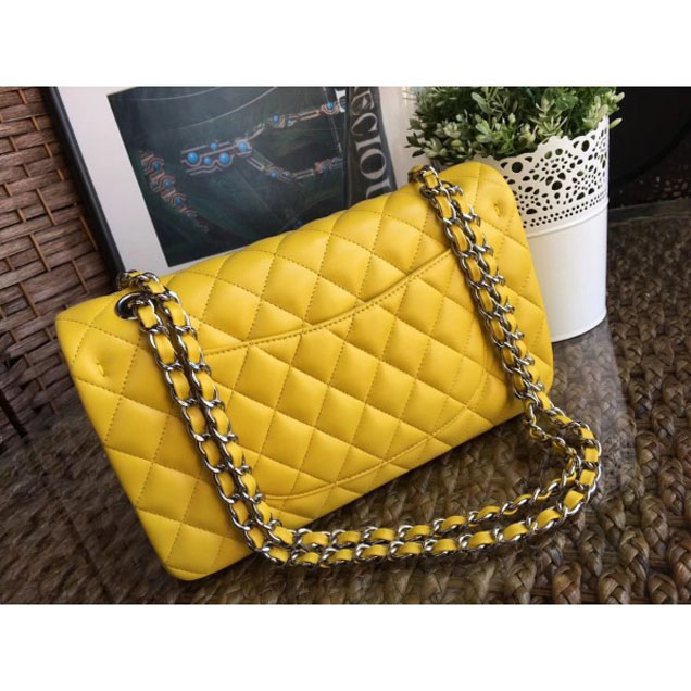 Chanel Classic Flap Medium Bag A1112 Yellow in Sheepskin Leather with Silver Hardware