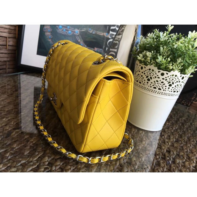 Chanel Classic Flap Medium Bag A1112 Yellow in Sheepskin Leather with Silver Hardware